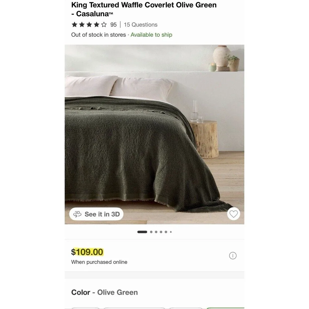 King Textured Waffle Coverlet Olive Green - Casaluna NEW